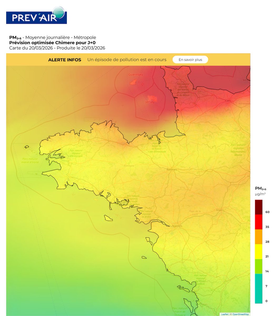 Temps_Breton's tweet image. #Pollution 🔴🏭 De fortes concentrations en particules fines sont prévues ce samedi sur l'ensemble de la Bretagne. La qualité de l'air s'en trouvera grandement impactée surtout le long des côtes de la Manche.
🔎 Concentration en PM2,5 vendredi et samedi
#Bretagne
