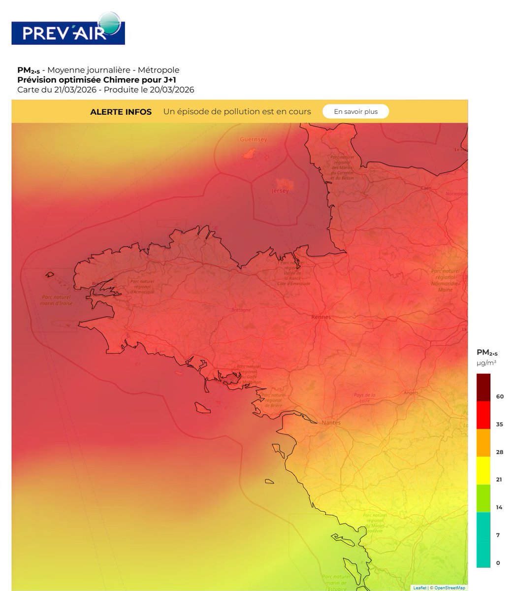 Temps_Breton's tweet image. #Pollution 🔴🏭 De fortes concentrations en particules fines sont prévues ce samedi sur l'ensemble de la Bretagne. La qualité de l'air s'en trouvera grandement impactée surtout le long des côtes de la Manche.
🔎 Concentration en PM2,5 vendredi et samedi
#Bretagne