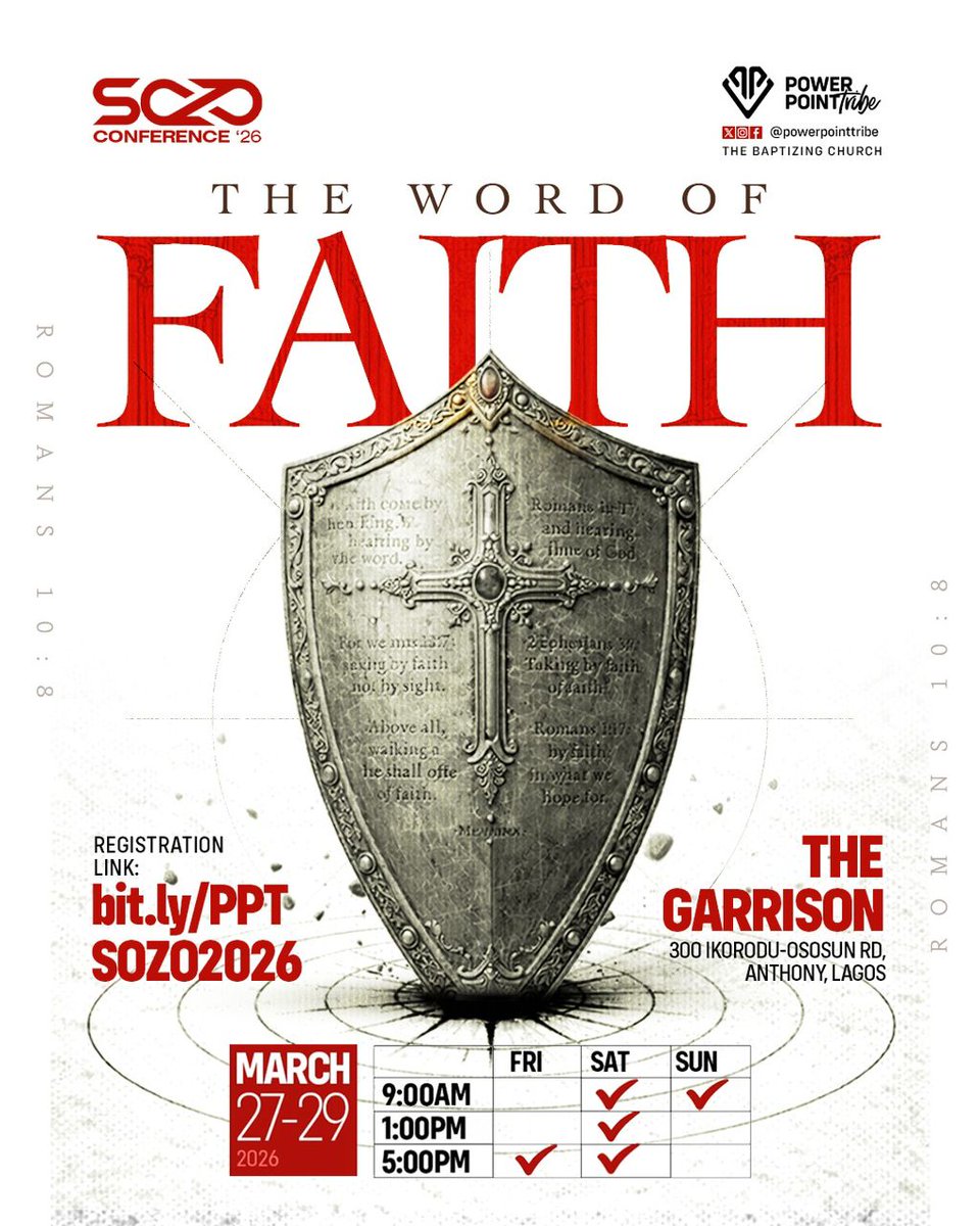 Your SOZO schedule is set 🗓

Friday - 5PM
Saturday - 9AM, 1PM &amp; 5PM
Sunday - 9AM 

3 days. Multiple sessions. One focus - The Word of Faith. 

🔗 Register now: bit.lyPPTSOZO2026 

#SOZOConference #SOZO2026
#powerpointtribe