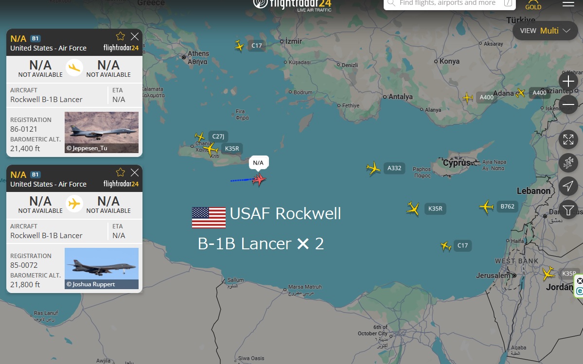yanzu27's tweet photo. 2026/03/21/02：00
アメリカ空軍・超音速戦略爆撃機
USAF Rockwell B-1B Lancer
86-0121&amp;85-0072
地中海上空、イラン方面へ。
昨日のイラン方面へ向かった86-0107&amp;85-0088の2機と合わせ、 B-1B Lancerは４機体制に。
同時大規模爆撃の準備か？ https://t.co/fUk5EZgL8k