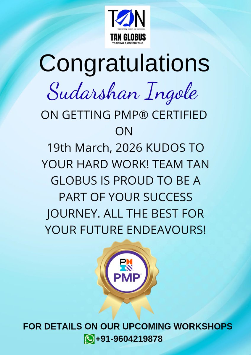 tanveermsayed's tweet photo. 🎉 Congrats Sudarshan Ingole on achieving PMP® with Above Target in all domains!

Proud moment for TAN Globus 🚀

Want the same success?
Join our PMP Fast-Track Batch starting 4th April
✔ 35 PDUs + Full Support
✔ Proven Strategy
✔ Small Batch = High Success
📞 +91-9604219878 https://t.co/Hr0thAD5Oz