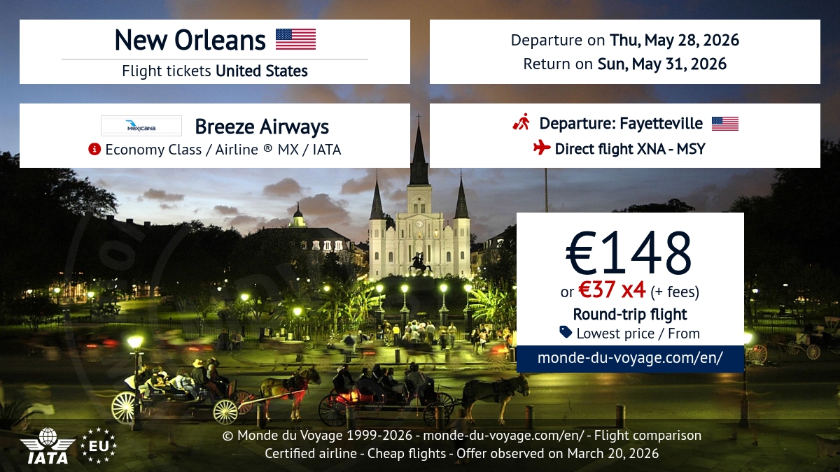 Monde_du_Voyage's tweet image. Round-trip ✈️ Fayetteville → New Orleans (USA) with Breeze Airways, non-stop, from just **148€** 😱 Cheap flight, promo fare, discount deal at low price. Payment in 3x or 4x available 💳 #flightdeal #cheapflight #NewOrleans #BreezeAirways #traveldeal monde-du-voyage.com/en/united-stat…