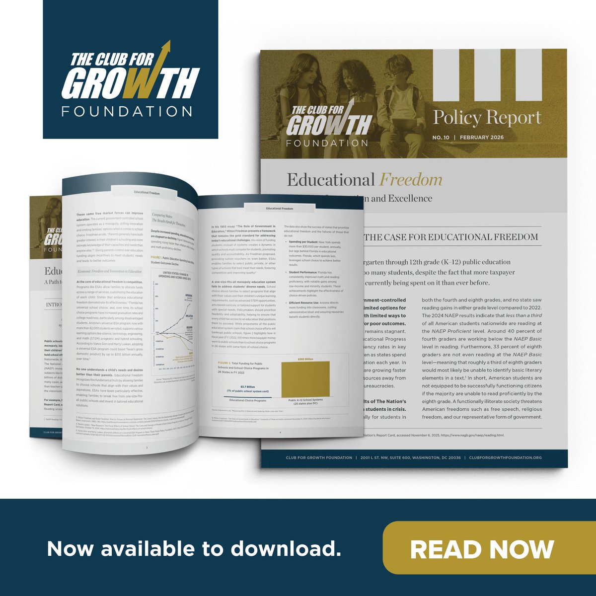 America’s K-12 education system is failing too many students — despite record spending.

The solution? Apply the principles of free markets to education.

In our new policy report, Educational Freedom: A Path to Innovation and Excellence, we outline the what, why, and how of