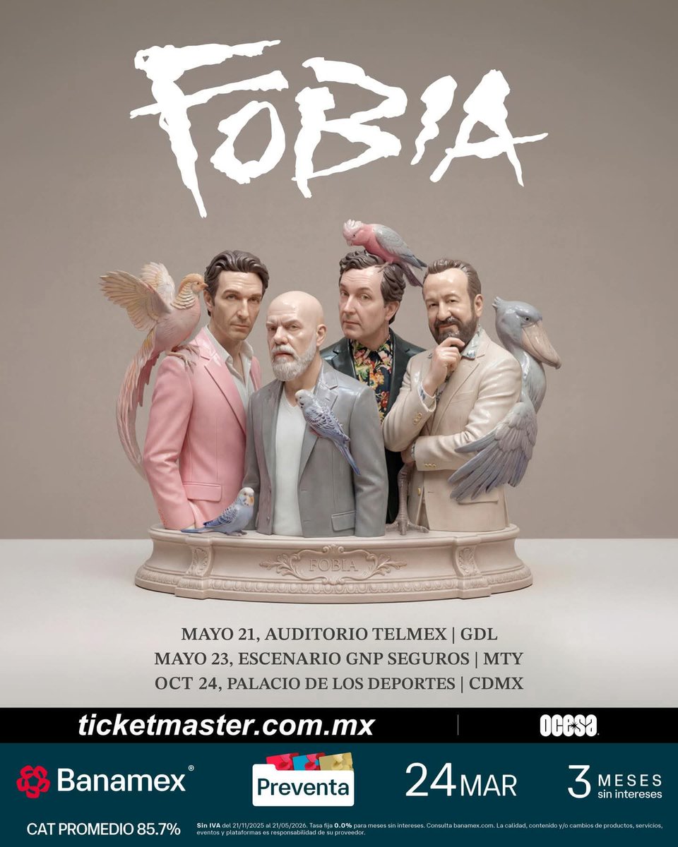 🚨#Fobia regresa a los escenarios 🚨
📍 GDL – Auditorio Telmex | 21 de mayo
📍 MTY – Auditorio Banamex | 23 de mayo
📍 CDMX – Palacio de los Deportes | 24 de octubre
🎟️ #PreventaBanamex: 24 de marzo
🎫 Venta general: 25 de marzo