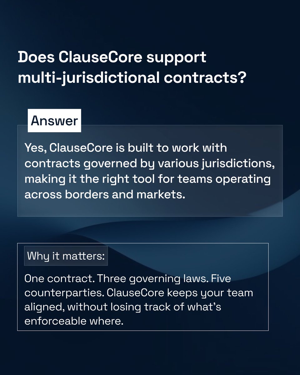 clausecore_AI's tweet photo. If your contracts cross borders, your contract tool should too.

We get asked this a lot and the answer is yes.

ClauseCore is built to handle multi-jurisdictional contracts. Whether you’re working across UK law, Delaware incorporation, or international commercial frameworks, ClauseCore processes what you bring it.