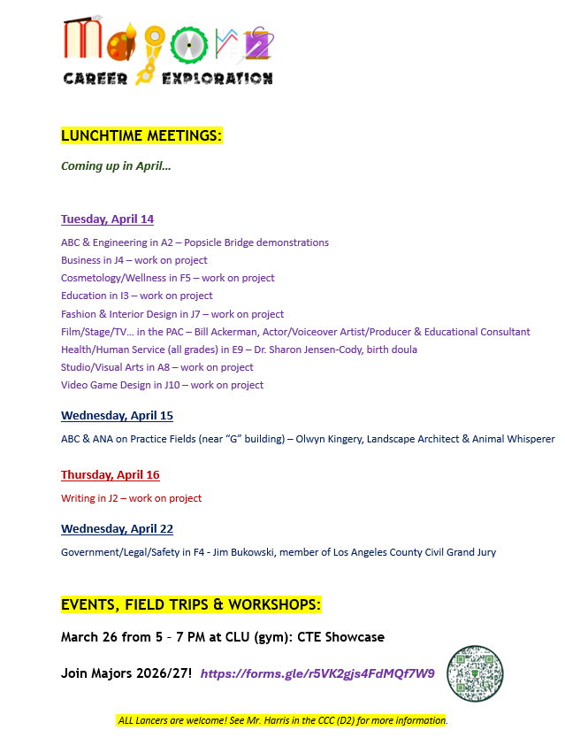 Upcoming TOHS Majors events / meetings / workshops! Majors is a terrific way to connect to campus and peers while learning more about future careers.
<a href="/ThousandOaksHS/">Thousand Oaks HS</a>;<a href="/TOHS_CareerEdu/">Ashley Cooper</a>;@TOHS_CCC