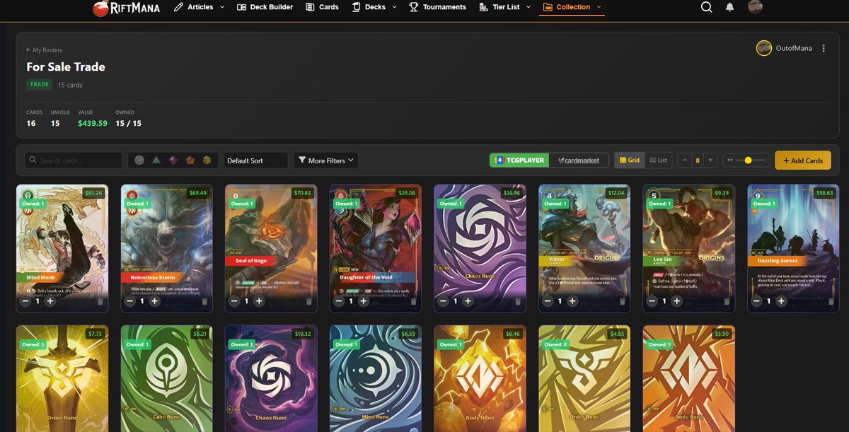 RiftMana's tweet photo. More updates to the Riftbound Binder:

• Binder capacity increased to 360 cards
• You can now add cards directly from the Collection page
• Expanded filtering options
• Improved card price display in the card pop-up
• Quality of Life improvements
• Various bug fixes https://t.co/Sd7MmLfiCf