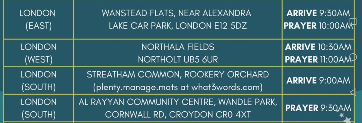 HackneyJamah's tweet photo. EID SATURDAY 21ST MARCH

Those celebrating Eid tomorrow in line with UK/GB only sighting criteria, details below of location/s having Eid prayers in London - Closest to Hackney is 10am Wanstead Flats in E12 https://t.co/Abv90iNmb1