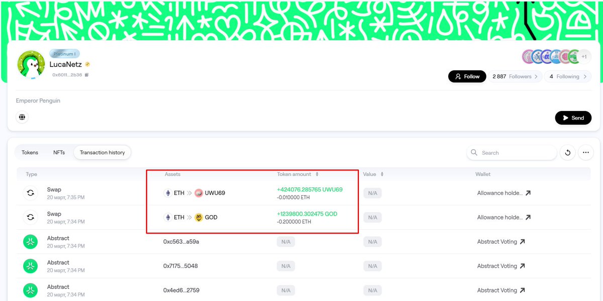 Newtonzyx's tweet photo. ALPHA from @LucaNetz ! 

Luca just bought Two Tokens @_UwU_eth and @godthedogabs 

Something is cooking 👀 https://t.co/lG207bnW8s