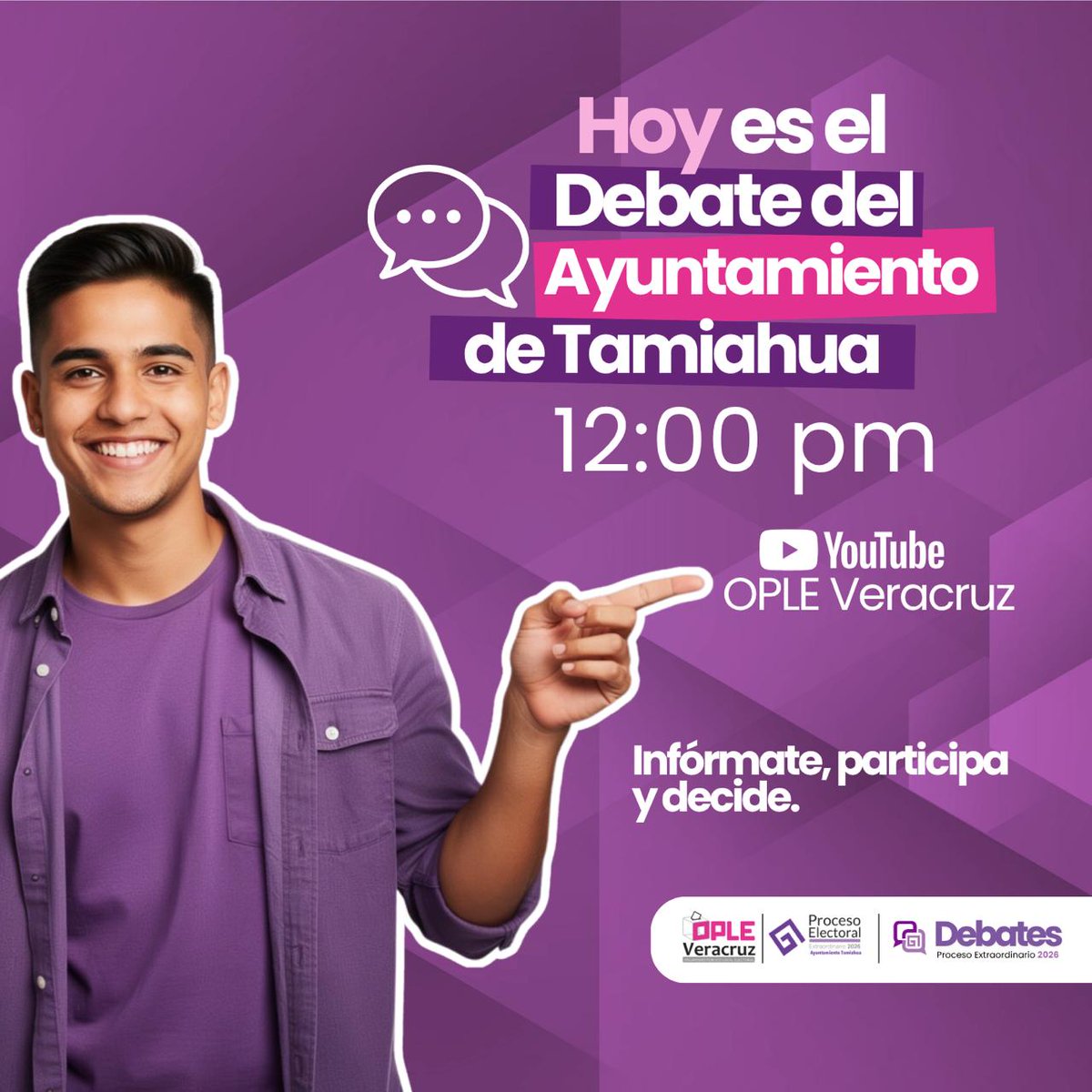 ople_Ver's tweet photo. ¡𝐄𝐬 𝐡𝐨𝐲, 𝐞𝐬 𝐡𝐨𝐲‼️

No te pierdas el #DebateVirtual💻del Proceso Electoral Local Extraordinario 2026 🗳️, correspondiente a la elección del Ayuntamiento de #Tamiahua.

Infórmate, participa y decide 👍🏼🗳️

📲 https://t.co/iXPUr8jmkp https://t.co/S8iFhtEW53