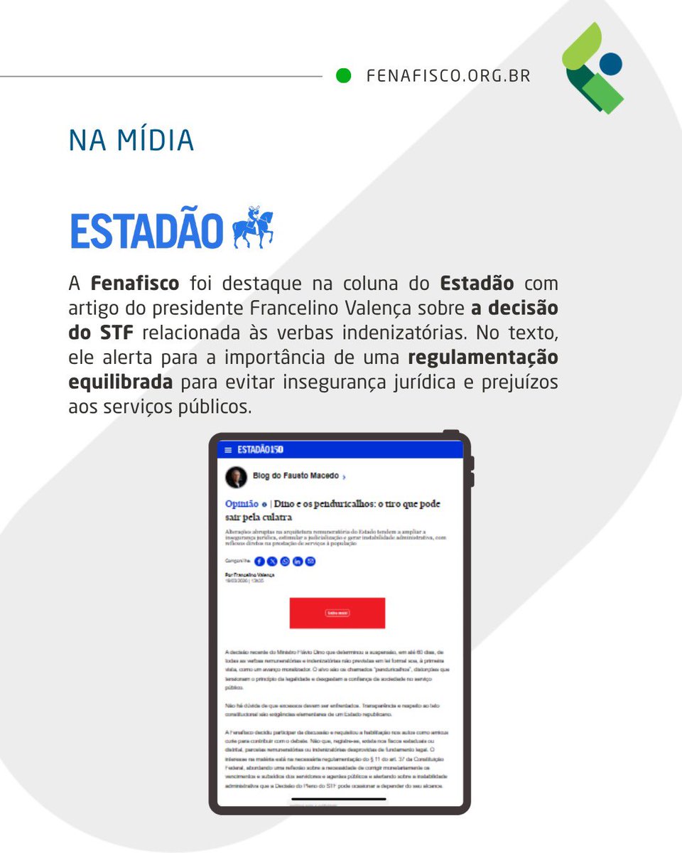 O presidente da Fenafisco, Francelino Valença, publicou artigo na coluna do Estadão sobre os impactos da decisão do STF que trata das verbas indenizatórias no serviço público. O texto destaca a importância de segurança jurídica e equilíbrio nas mudanças. #Fenafisco