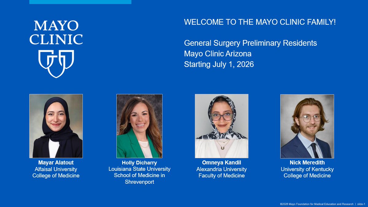 leahampelas's tweet photo. A warm welcome to our newest general surgery residents at Mayo Clinic in Arizona! Welcome to the family! 💙 #MatchDay #Match2026 #MatchDay2026 #GeneralSurgery #NRMP #GenSurgMatch https://t.co/71KUmwQIbg