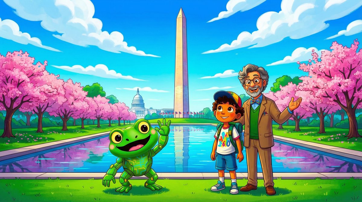 eRoboticPress's tweet photo. Jason the Frog had a great time visiting Washington, D.C. with his best friend Max while Prof. Codewell attended a conference! 🐸📚

Learning and exploring together make every trip better. What’s your favorite D.C. landmark?

#JasonTheFrog #CommunityBuilding #KidsLit https://t.co/EHJ1vC528k