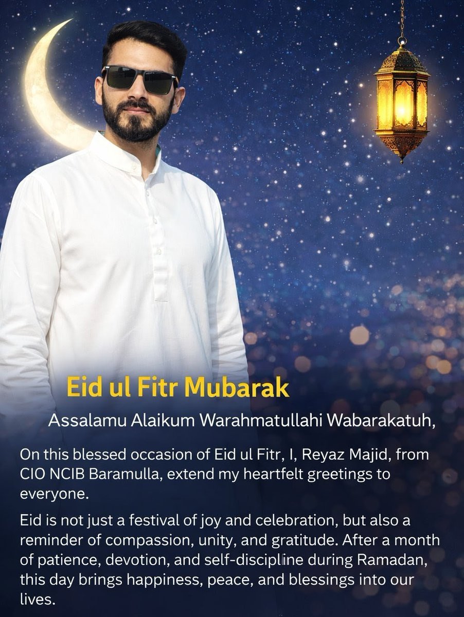 CIONCIB's tweet photo. Eid ul fitr mubarak to everyone 🌙 
On this blessed occasion of Eid ul Fitr, I, Reyaz Majid, from CIO NCIB Baramulla, extend my heartfelt greetings to everyone
@CRPCHQ @NCIBHQ @NcibJk @NCIBMandsaur @NCIBMP @rajsuranaNCIB @NciBofficial https://t.co/NnKoDwQWcU