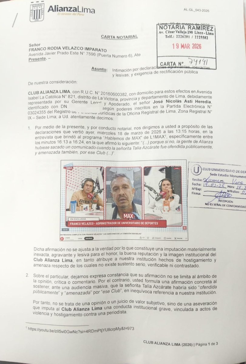 La carta notarial realizada por Alianza Lima para el administrador Franco Velasco.

✅✍️