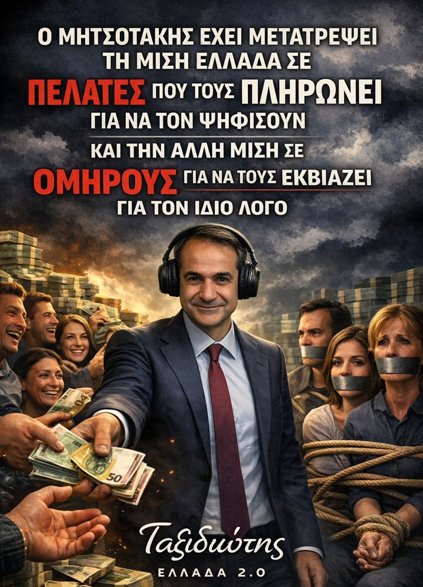 taxidiotis24's tweet photo. Ο Μητσοτάκης δεν κρατιέται στην εξουσία επειδή πείθει. 
Κρατιέται επειδή ελέγχει.
Έχει στήσει ένα σύστημα όπου η κοινωνία χωρίζεται στα δύο. 
Από τη μία, οι ΠΕΛΑΤΕΣ, όσοι ευνοούνται, όσοι βολεύονται, όσοι παίρνουν το “κάτι” δουλίτσες, εξυπηρετήσεις και μικρά ή μεγάλα ανταλλάγματα. Δεν μιλάμε για πολιτική στήριξη, μιλάμε για συναλλαγή.
Από την άλλη, οι ΟΜΗΡΟΙ, όσοι φοβούνται, όσοι εξαρτώνται, όσοι δεν έχουν περιθώριο να αντιδράσουν. Ένα κλίμα πίεσης, σιωπής και ελέγχου που δεν αφήνει χώρο για πραγματική αντίσταση.
Κάπως έτσι στήνεται η “σταθερότητα” που προβάλλεται. Όχι με εμπιστοσύνη, αλλά με εξάρτηση. Όχι με ελευθερία, αλλά με φόβο.
Και όσο αυτό το σύστημα λειτουργεί, η εξουσία αναπαράγεται. 
Όχι επειδή το αξίζει, αλλά επειδή το επιβάλλει.
Αυτό δεν είναι κανονικότητα.
Είναι ένα καθεστώς που βαφτίζεται δημοκρατία.