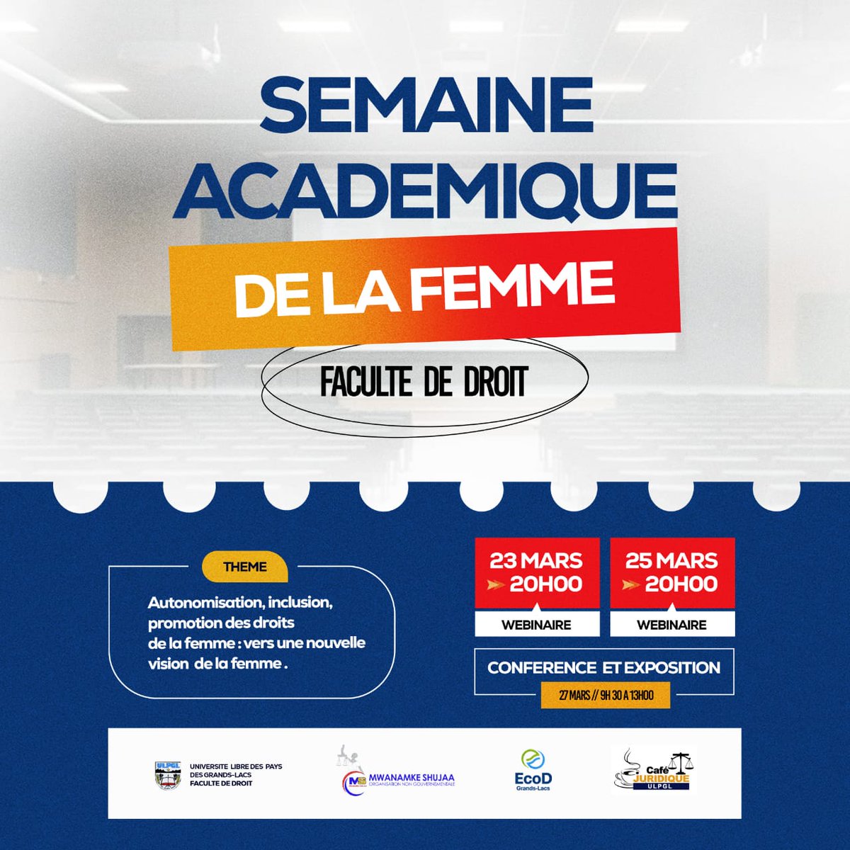 Dans le cadre du consortium d'organisations dédié au mois vert, nous avons le plaisir de vous inviter à participer à une série d'événements enrichissants sous le thème : "Autonomisation, Inclusion et Promotion des Droits des Femmes : Vers une Nouvelle Vision de la Femme."