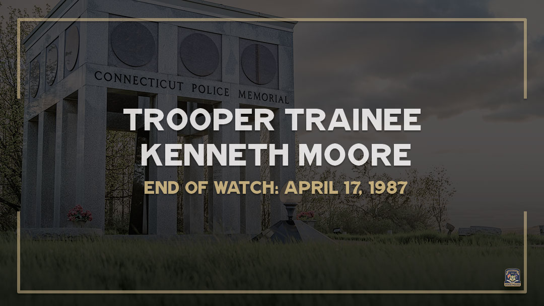 CT_STATE_POLICE's tweet photo. CSP remembers Trooper Trainee Kenneth Moore, who was halfway thru CSP Training Academy when tragically killed by a drunk driver. He had been a member of the 96th Training Troop. In 2007, the Breath Alcohol Testing mobile unit was dedicated to the memory of TT Moore. https://t.co/oGLHbIQhzA