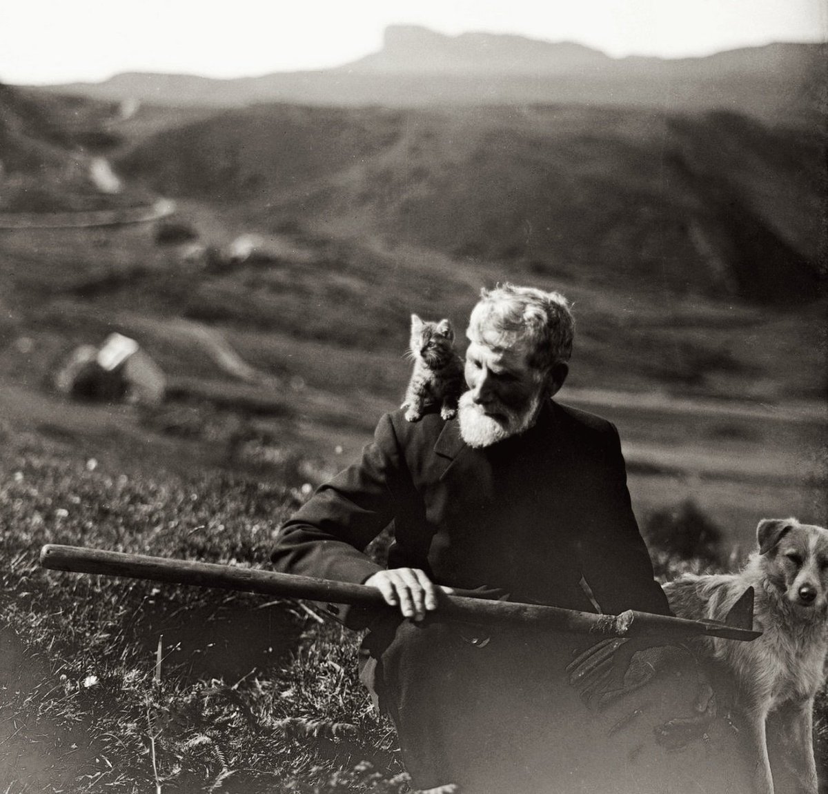Lauchlan MacAskill of Laig Bay with his kitten and dog, c.1920.
Photo by Mary Ethel Muir
