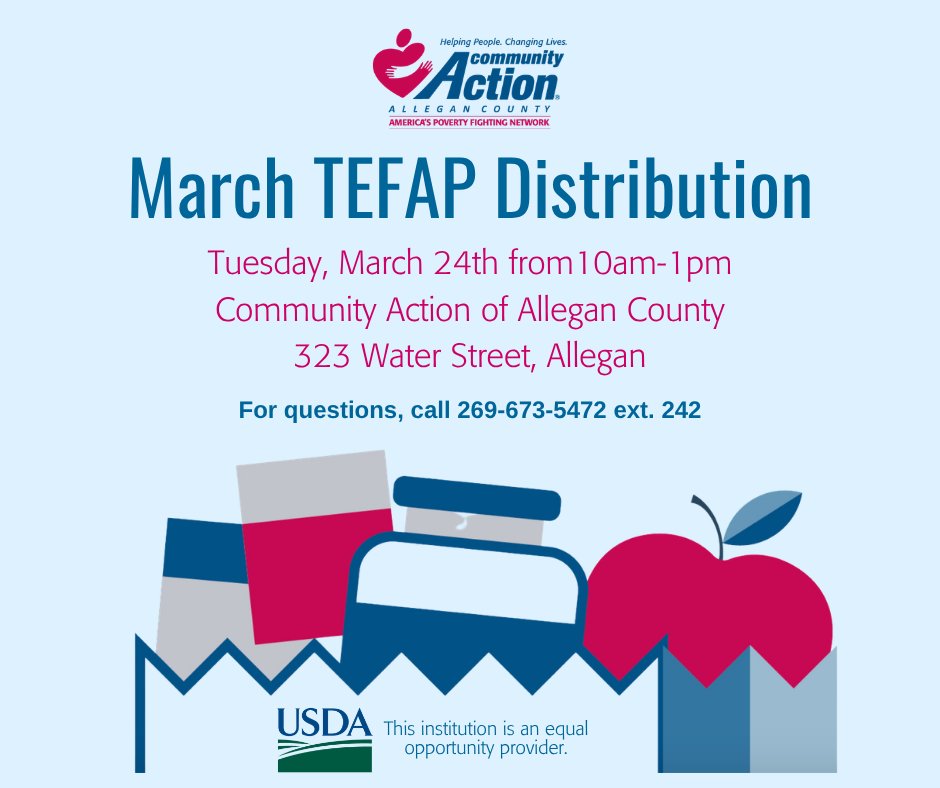 TEFAP Food Distribution is coming up on Tuesday, March 24th, 10am-1pm, in the parking lot at 323 Water Street. This drive-thru distribution is for anyone in need of food. 269-673-5472 ext. 242.