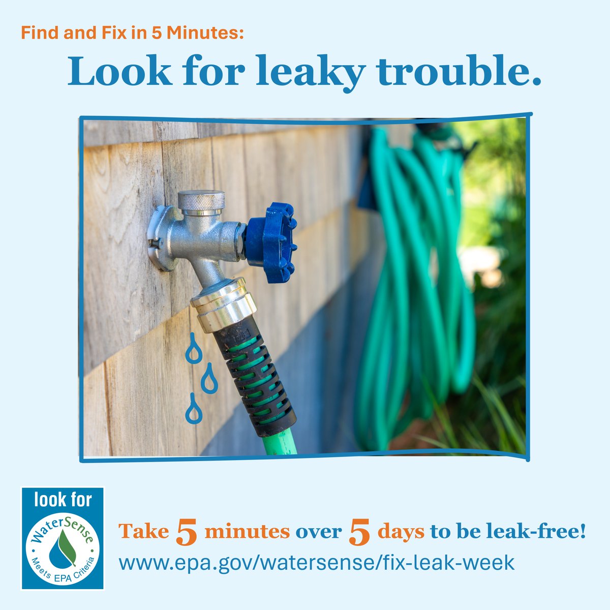Earlier this week we looked for leaky trouble inside your home; let's move outside now! Look for drips and puddles under those hose bibs and any outdoor piping which could indicate a leak that might just need tightening at the joint. #FixALeak