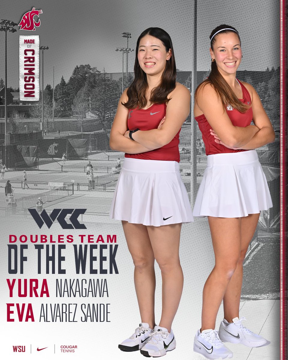 LanceDaly's tweet photo. Shout outs to Yura Nakagawa &amp; Eva Alvarez Sande on being named the WCC Doubles Team of the Week!  🎾 👏  #wsu #gocougs #wazzu https://t.co/xXj1QJydqG
