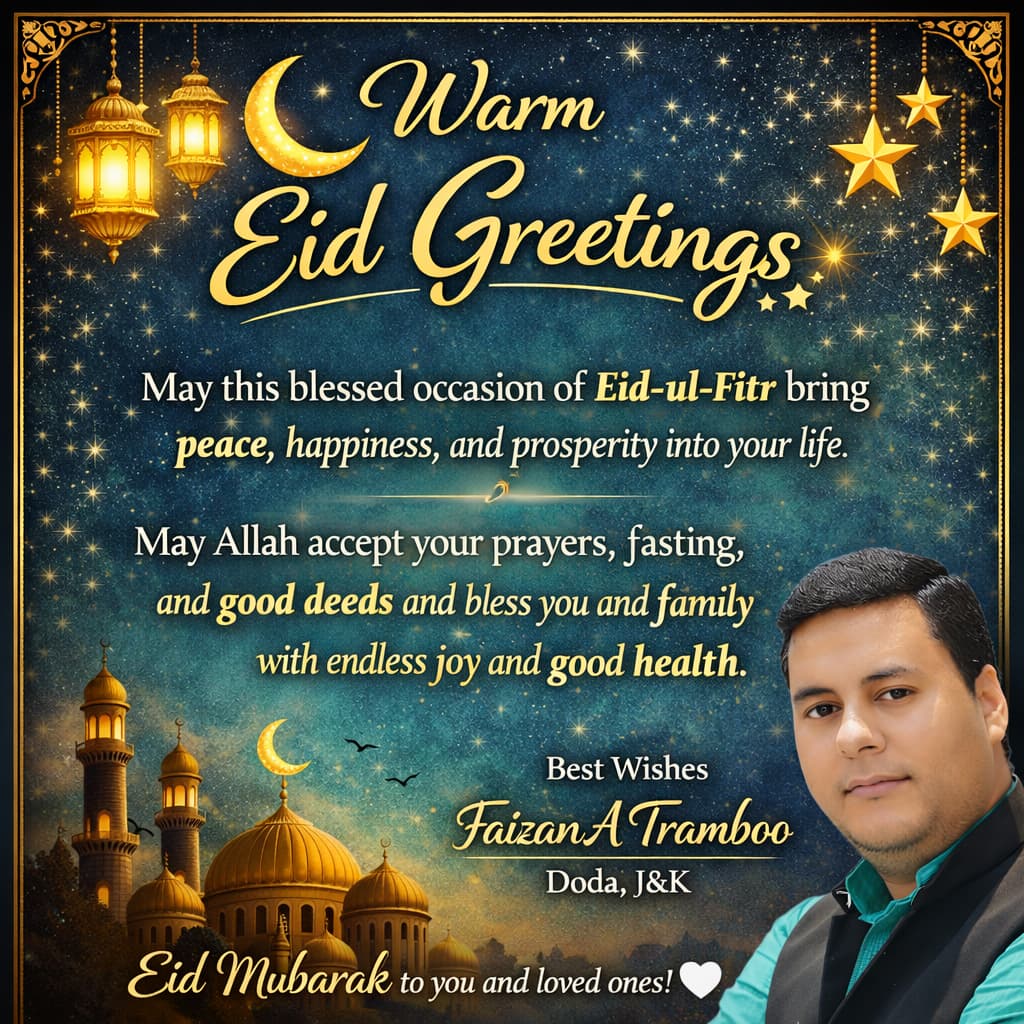 Warm Eid Greetings 🌙✨

May this blessed occasion of Eid-ul-Fitr bring peace, happiness, and prosperity into your life. May Allah accept our prayers, fasting, and good deeds and bless you and your family with endless joy and good health- Aameen