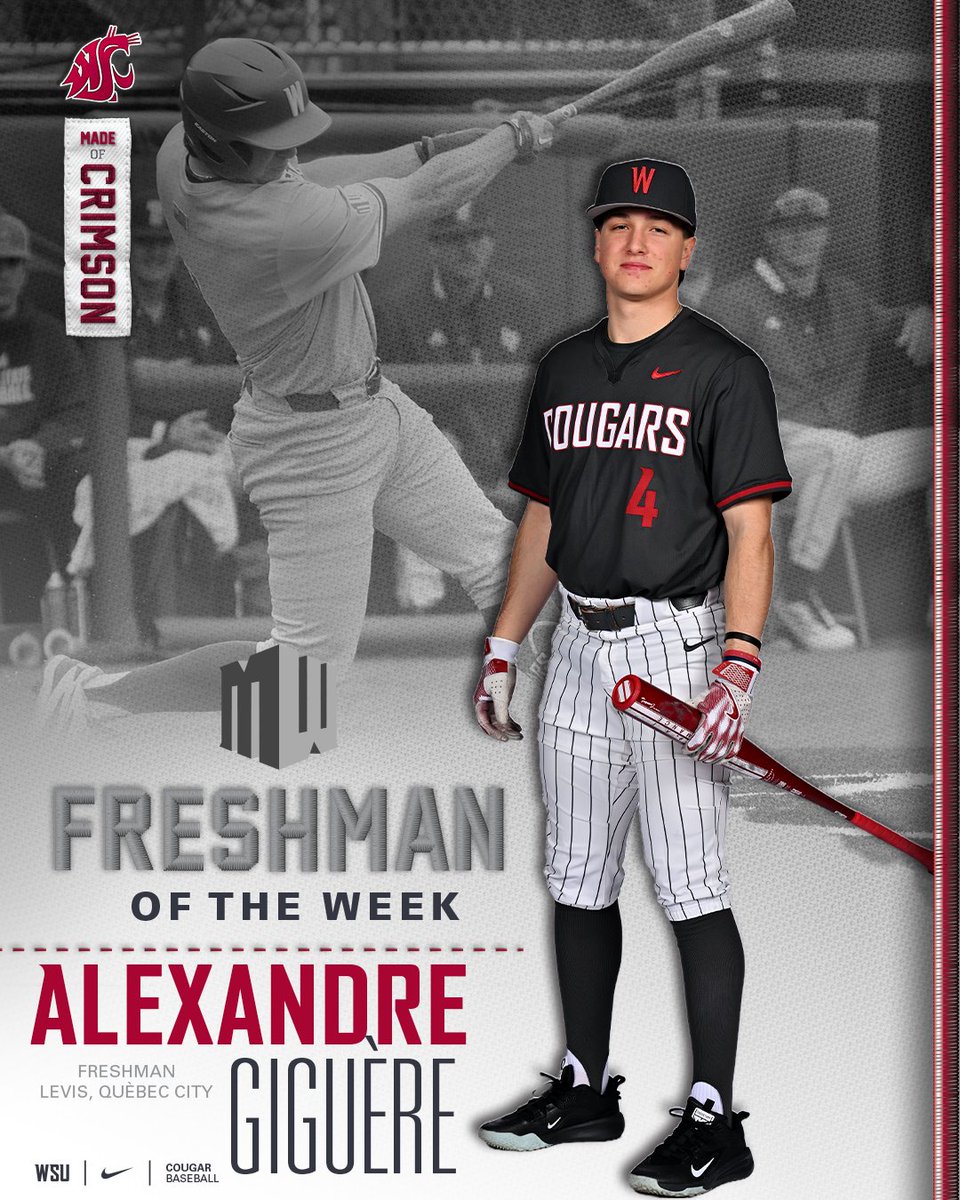 LanceDaly's tweet photo. Shout out to Alexandre Giguere on being named the MWC Freshman of the Week!  ⚾️ 👏  #wsu #gocougs #wazzu https://t.co/ZWZg1uwKne