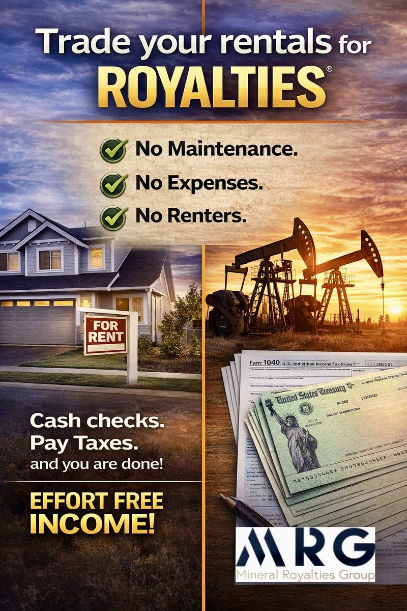Royaltiesrick's tweet photo. 🏡 Most real estate owners don’t walk away from rental properties because they lost money — they do it because they want fewer moving parts.
Owning rentals can be profitable, but it’s hands-on.  
🥵 Dealing with tenants, repairs, and ongoing maintenance never really stops.
🛢️ Mineral rights take a different approach.  
📬 They can provide steady monthly royalties similar to rental income, but without the headaches of property management.
⚖️  For many of us, that balance — keeping the passive income while cutting the workload — is an easy decision.

#generationalwealth #horizontaldrilling #mineralinterest #minerals #Crudeoil #petroleum   #Haynesvilleshale #passiveincome #oilandgas #Permianbasin #Scoopstack #oil #Oklahoma  #energy #naturalgas #exploration #mineralrights #mineralproperty #royalties #drilling #1031exchange #LNG #taxadvantages #landman #Anadarkobasin #datacenters  #fracking #shalerevolution #AI #realestate #passiveincome