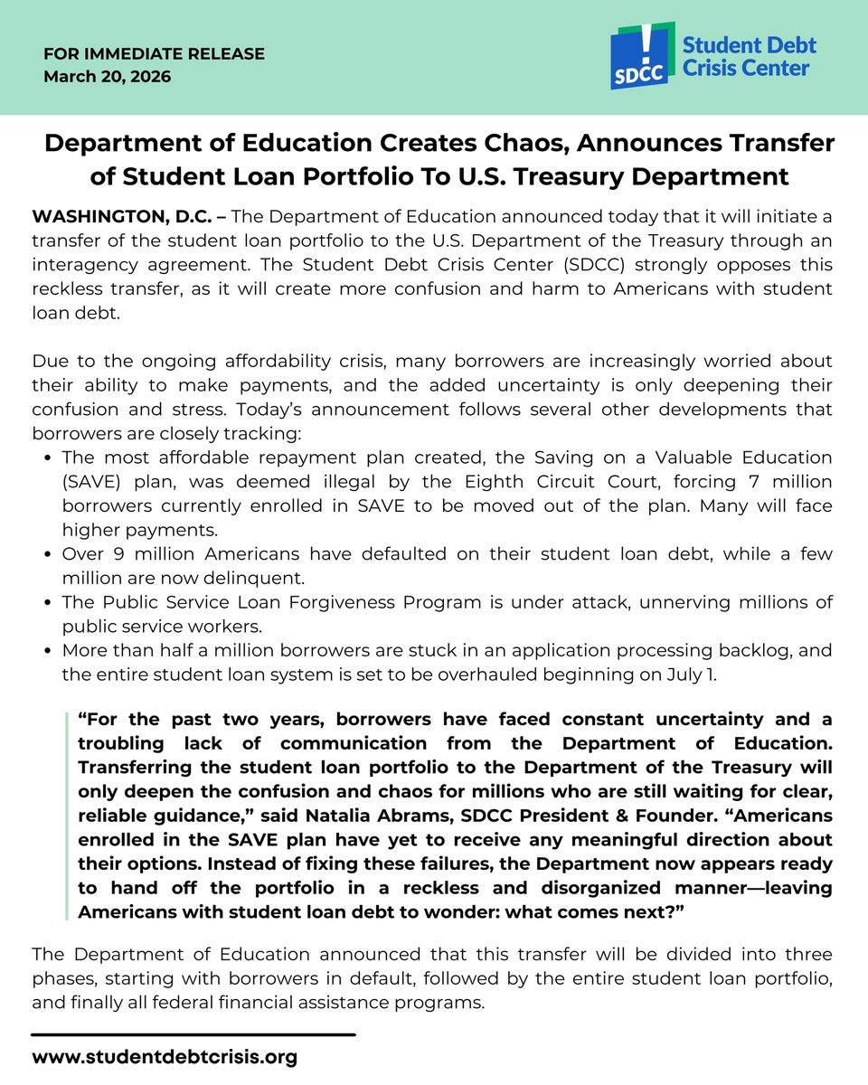 STATEMENT: <a href="/usedgov/">U.S. Department of Education</a> announced the student loan portfolio will be transferred to the US Department of Treasury. Read SDCC's statement against this reckless transfer.