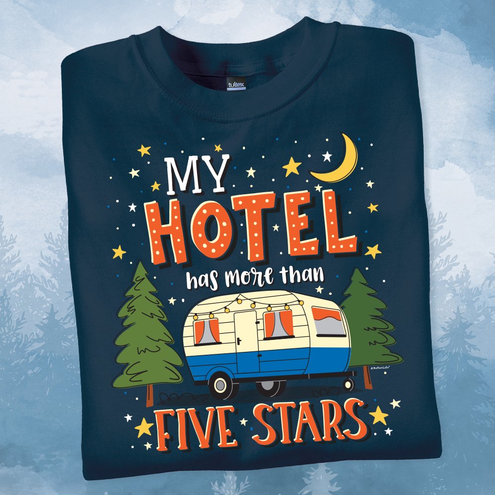 BetterLifeBrand's tweet photo. June is National Great Outdoors &amp; Camping Month ⛺️ Start a high rated outdoor adventure wearing our "My Hotel Has More Than Five Stars" tee. Apply promo code SM4466 for your discount.
•
Shop now: https://t.co/A5VPfABGnN
•
#wearingWPP #haveabetterlife #camping #camplife #explore https://t.co/sBe0uZtI4V