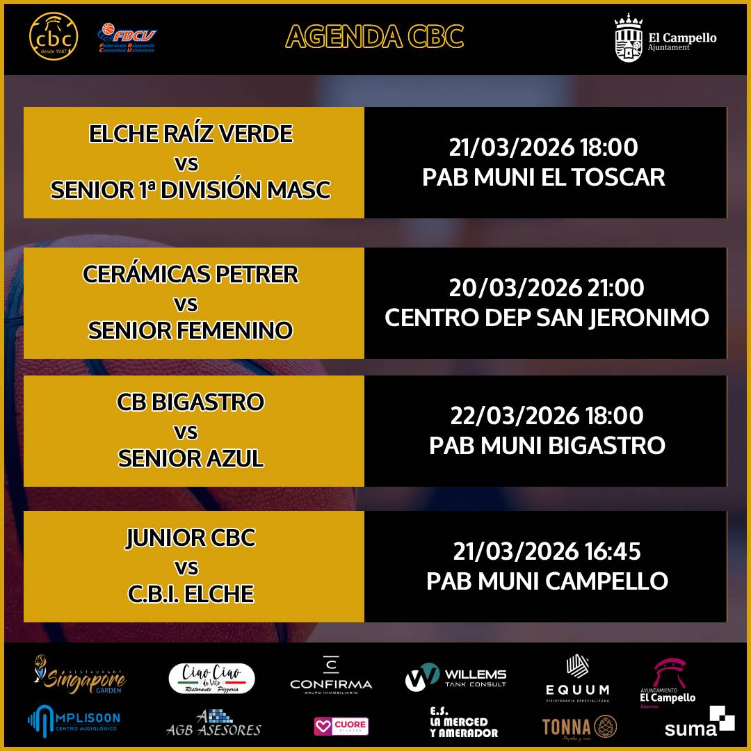 campellocb's tweet photo. 🌸 Empieza la primavera… y el CBC sigue en marcha.

Nuestros equipos afrontan una nueva jornada y el Senior juega fuera en otro reto importante 💙💛🏀

Colabora la Concejalía de Deportes del Ayuntamiento de El Campello
#VamosCBC #elcampellodeportes #SumaMásCercaDeTi https://t.co/Ywta9v8gfz