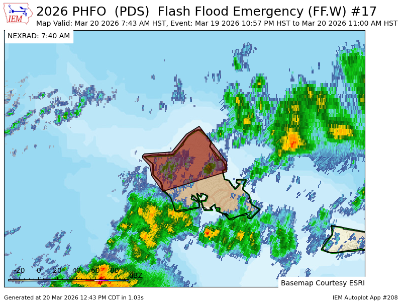 PWXForecasting's tweet photo. HFO extends time of Flash Flood Emergency [flash flood: gauge indicated, flash flood damage threat: catastrophic] for Oahu in Honolulu [HI] till Mar 20, 11:00 AM HST https://t.co/nVzAjYos6n https://t.co/HwkkugebUF