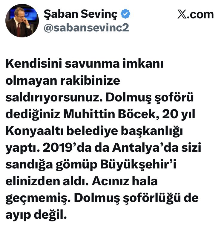 Dolmuş şöförlüğü tabii ki ayıp değil. Konuyu dramatize etmeyi bırak ve şu soruya cevap ver bülbül. 

Dolmuş şöförlüğü ile o devasa servet nasıl yapılır ??
<a href="/sabansevinc2/">Şaban Sevinç</a>