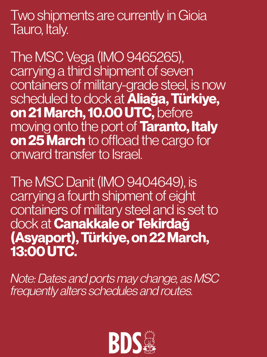 The MSC Vega (IMO 9465265) is now scheduled to dock at Aliağa, Türkiye, on 21 March, 10.00 UTC, before moving onto the port of Taranto, Italy on 25 March.

The MSC Danit (IMO 9404649) is set to dock at Canakkale or Tekirdağ (Asyaport), Türkiye, on 22 March, 13:00 UTC.