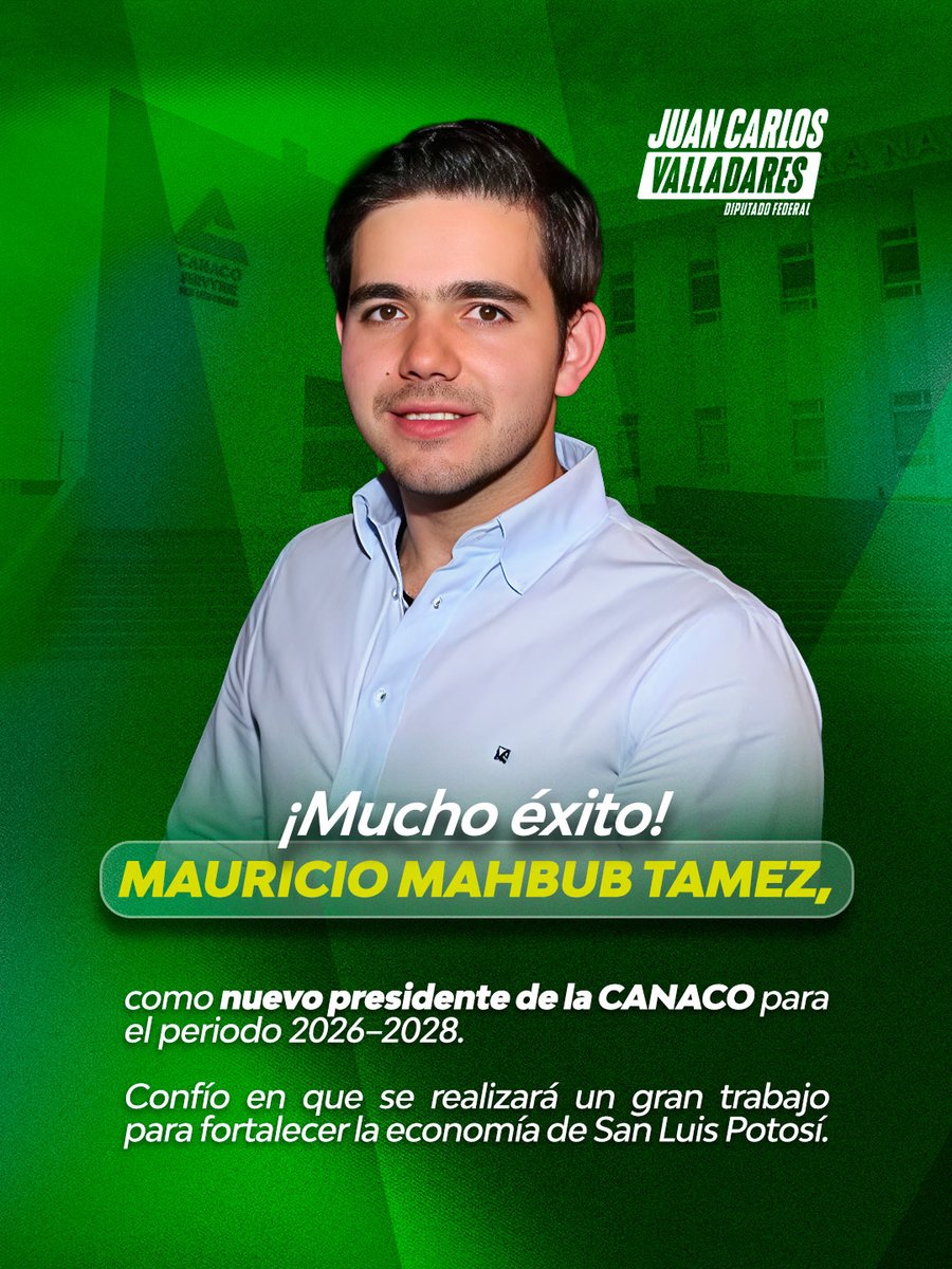 JCValladaresMx's tweet photo. Muchas felicidades, @1MauricioMahbub, por este nuevo reto al frente de la Presidencia de la CANACO #SanLuisPotosí. 🙌🏼🇲🇽

Estoy seguro que tu trabajo seguirá generando más oportunidades para las y los potosinos. 💼📈

Mucho éxito en este periodo. https://t.co/U0TEpg25U4