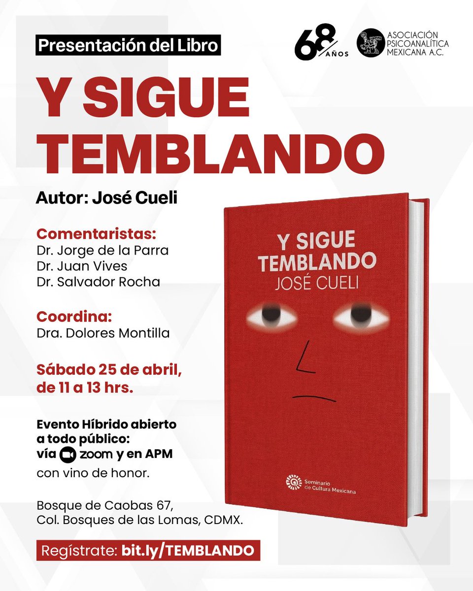 APM_Online's tweet photo. Acompáñanos a la presentación del libro "Y SIGUE TEMBLANDO", la más reciente obra de José Cueli. Regístrate: https://t.co/1oddztAcAU Sábado 25 de abril, de 11 a 13 hrs.
#Psicoanálisis #ComunidadAPM #Books #Libros #Psicoterapia #EventosAPM https://t.co/Es7WCyjMvQ