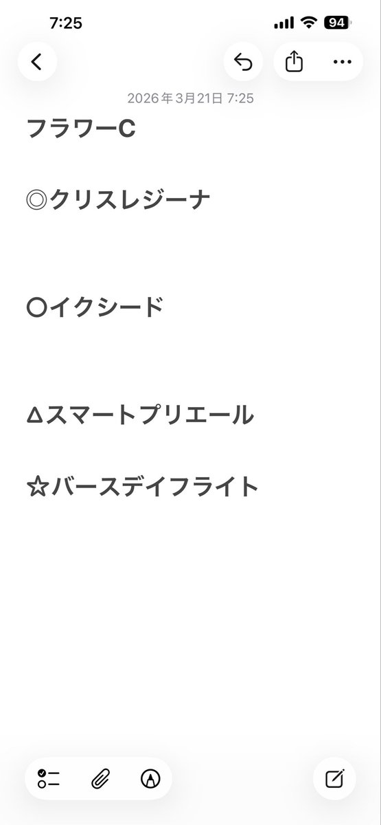 3rentanT's tweet photo. #フラワーC

◎#クリスレジーナ

○#イクシード

△#スマートプリエール

☆#バースデイフライト https://t.co/2vCy5Loe2H