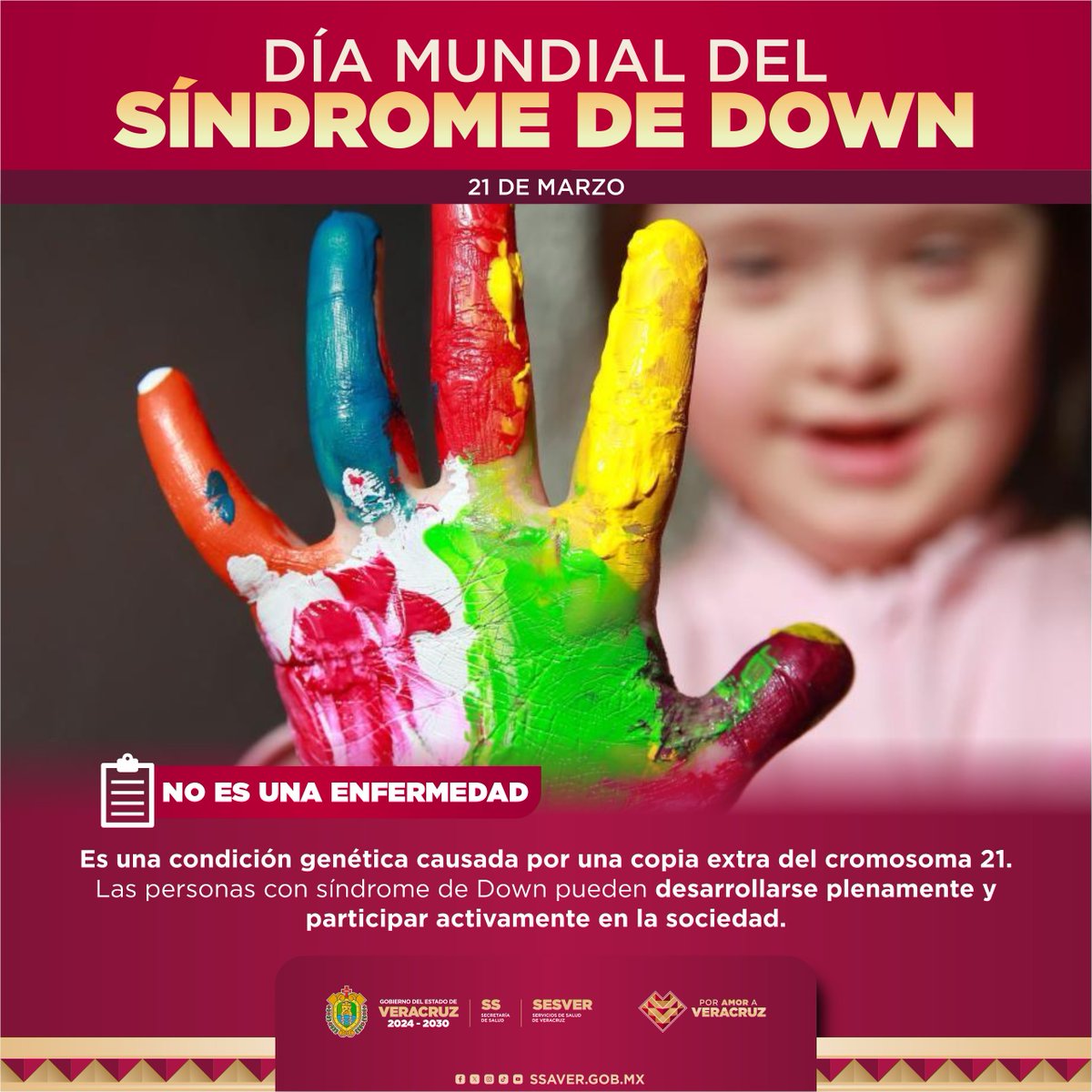 SSALUDVeracruz's tweet photo. Día Mundial del Síndrome de Down 🌍

Promovemos la inclusión, el respeto y la igualdad de oportunidades 🤝✨ Desde la Secretaría impulsamos acciones para su bienestar y acceso a la salud 🏥💊, construyendo una sociedad más justa e incluyente.

#DíaMundialDelSíndromeDeDown #SESVER https://t.co/PRvEjlYlA0