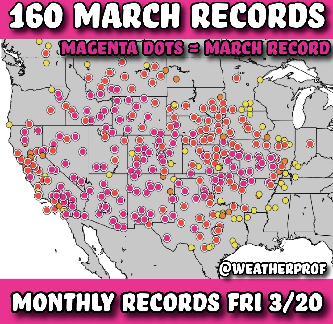 Remarkable. Another 160 March monthly records today and counting on the CoolWx site. That’s ~370 monthly records broken over (some multiple days) the last 3 days, and that’s only the observation sites which are processed on the CoolWx website, so it’s a big underestimate. Magenta
