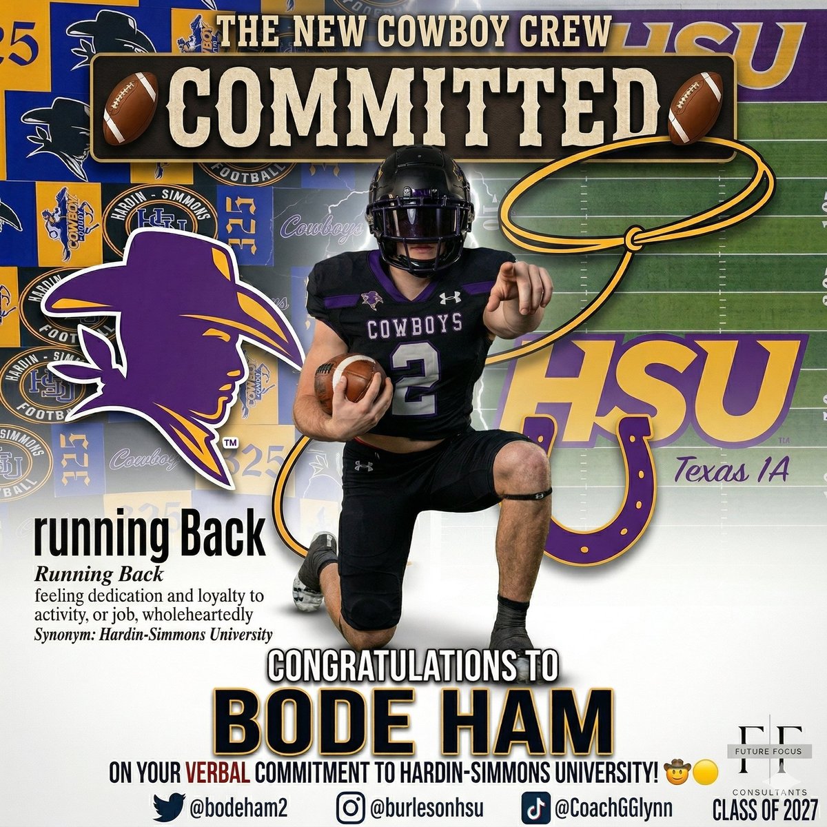 CoachDavis22356's tweet photo. 🏈 Future Focus Consultants Commitment Alert!

Congratulations to @bodeham2 on his verbal commitment to Hardin-Simmons University! 🤠🟡⚫

Huge thank you to HC @burlesonhsu for the opportunity & @CoachGGlynn for the incredible relationship and communication throughout this process.

Thank you to Coach Stanaland @jstanaland for your belief and support in our program. We don't take that lightly.

This is YOUR moment, Bode. Go take it. 🙏

#Committed #HardinSimmons #ClassOf2027 #FutureFocusConsultants