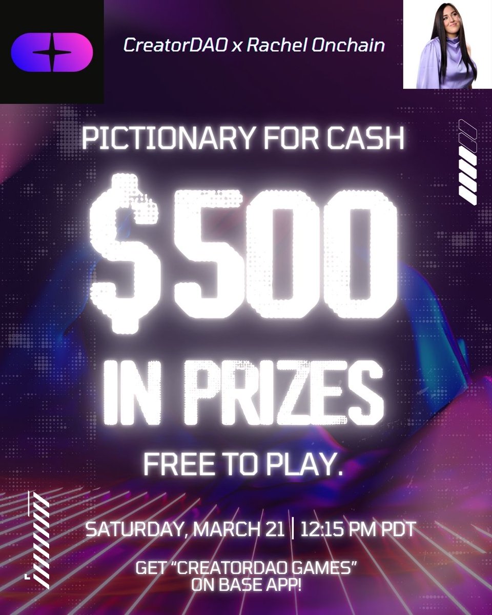 $500 to 30+ winners in our game of Pictionary. Free to play.  

Going live with <a href="/RachelOnchain/">Rachel</a> at 12:15pm PDT! Don't be late!

How to play:
1⃣ Comment Base app EVM + something you are grateful for in your life
2⃣ Get "CreatorDAO Games" on Base app
3⃣ Game starts at 12:15pm PDT