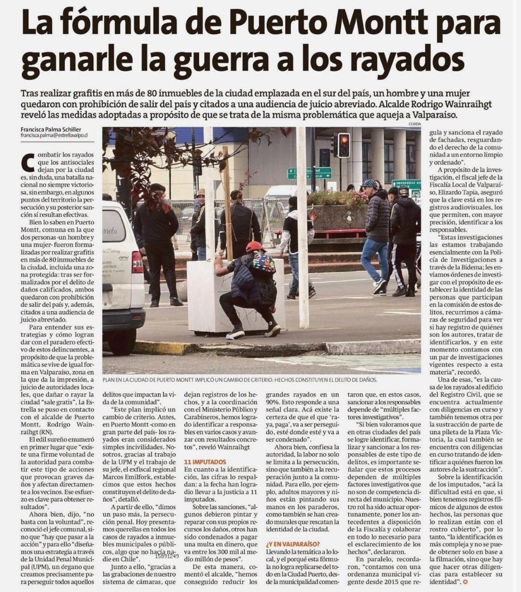 WAINRAIHGT's tweet photo. A nivel nacional, y en una ciudad gravemente afectada por estos hechos como Valparaíso, @laestrellavalpo destaca nuestra política de #ToleranciaCero a los rayados. Somos ejemplo por identificar y perseguir a los responsables, y hacer que respondan por sus actos vandálicos. Porque en #PuertoMontt, #ElQueRayaPaga.