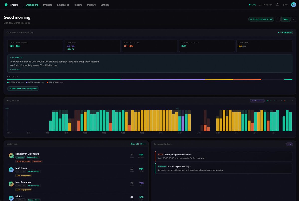 go_konstantin's tweet photo. I built a privacy-first time tracker as a side project — mostly with Claude.                                                                                                         
                                                                                                                                                                                       
  Most tracking tools screenshot your screen every 5 min. I wanted to prove you can measure productivity without surveillance.                                                         
                                                                                                                                                                                       
  Meet Traxly.    
                                                                                                                                                                                       
  Desktop agent (Tauri + Rust) runs locally on macOS. AI classifies your work — deep work, communication, research, personal — without reading your screen or messages. AES-256-GCM    
  encrypted.
                                                                                                                                                                                       
  What it does:   
  → Flow state detection (≥25min uninterrupted focus)
  → Context switch cost analysis                                                                                                                                                       
  → "Work DNA" — your peak hours, best days, recovery patterns                                                                                                                         
  → Git tracking — commits, branches, code churn                                                                                                                                       
  → AI reports & recommendations                                                                                                                                                       
  → Screen lock = auto-stop                                                                                                                                                            
   
  Stack: Tauri v2 + Rust, Next.js, Fastify + tRPC, Prisma, TimescaleDB                                                                                                                 
                  
  The wild part — @ClaudeAI was my co-developer for ~90% of this. Frontend, backend, Tauri agent, i18n. It's a different way to build software.                                           
                  
  No screenshots. No keyloggers. Just honest data.                                                                                                                                     
                  
  https://t.co/6z0gFQ3kB6