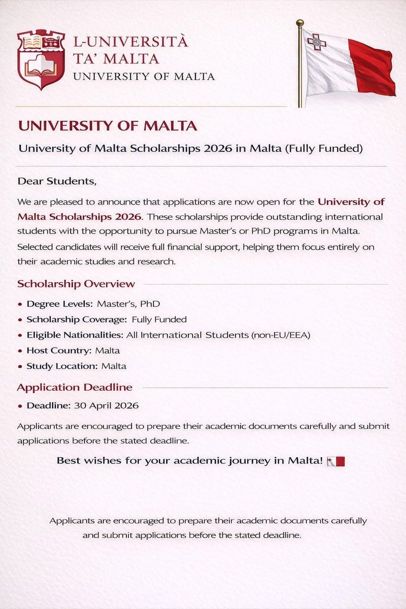 L’université de Malte vous offre des bourses d’études pour le premier cycle et la bourse n’est disponible que pour les étudiants étrangers et Africains sont une priorité

Deadline: 30 April 2026

um.edu.mt/study/feesfund…