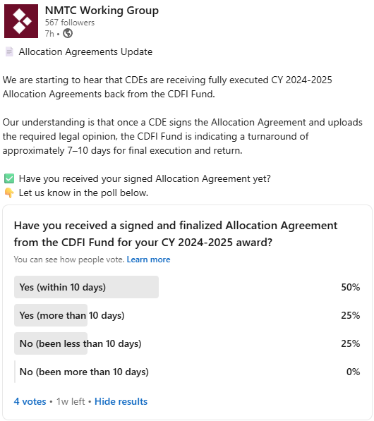 NMTCWG's tweet photo. ✅ Final executed #NMTC Allocation Agreements are starting to land.

Have you received yours yet?

Let us know by voting in the poll on our LinkedIn page 📊👇
https://t.co/wT6f7UYdNh https://t.co/1X2wpqKXTG