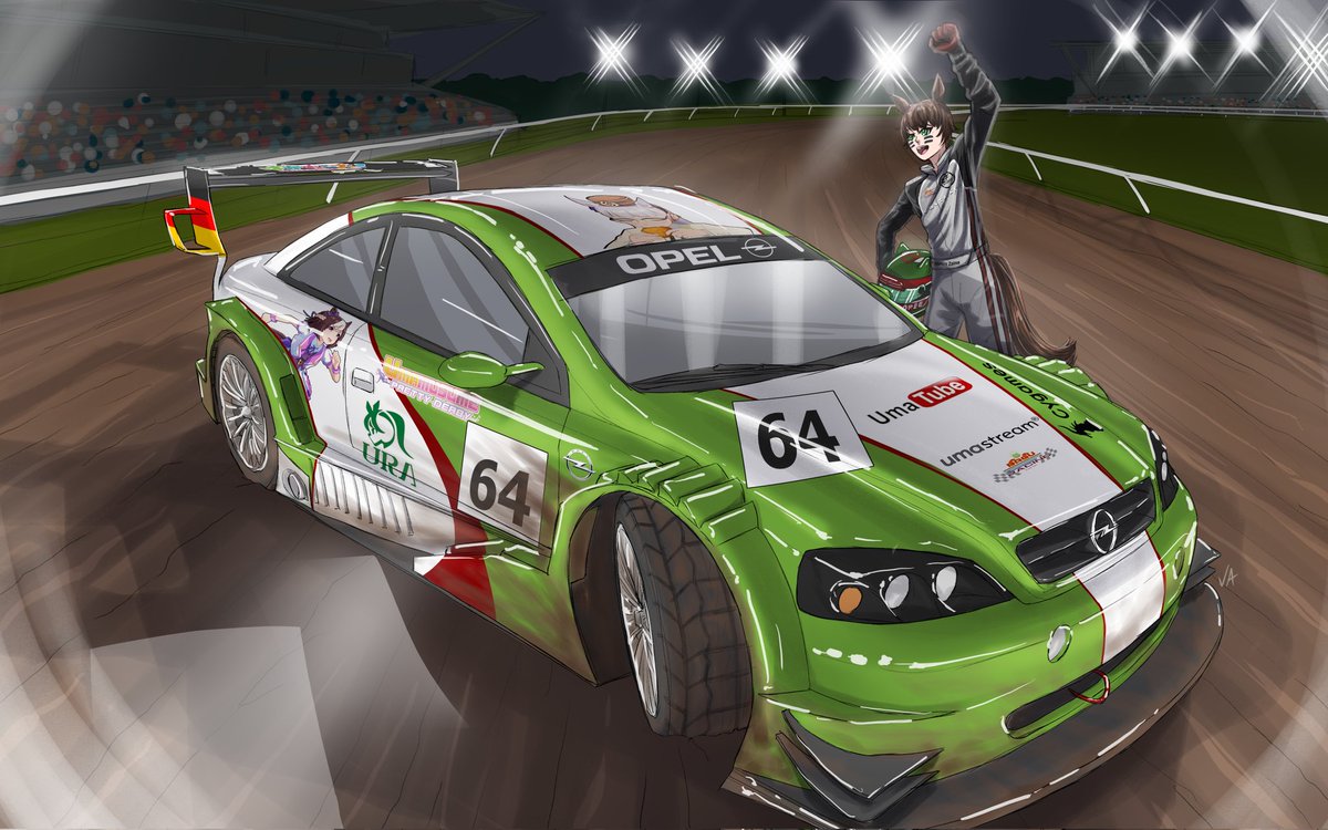 JustusKuro's tweet image. "The spotlights..." 
Commissioned by @iMentrixTV  
Racing a DTM car around the origin of racing, a Horse racing track! Uma style! 

#Commission #Vtuber #Racecar #Umamusume️️️ #dtm