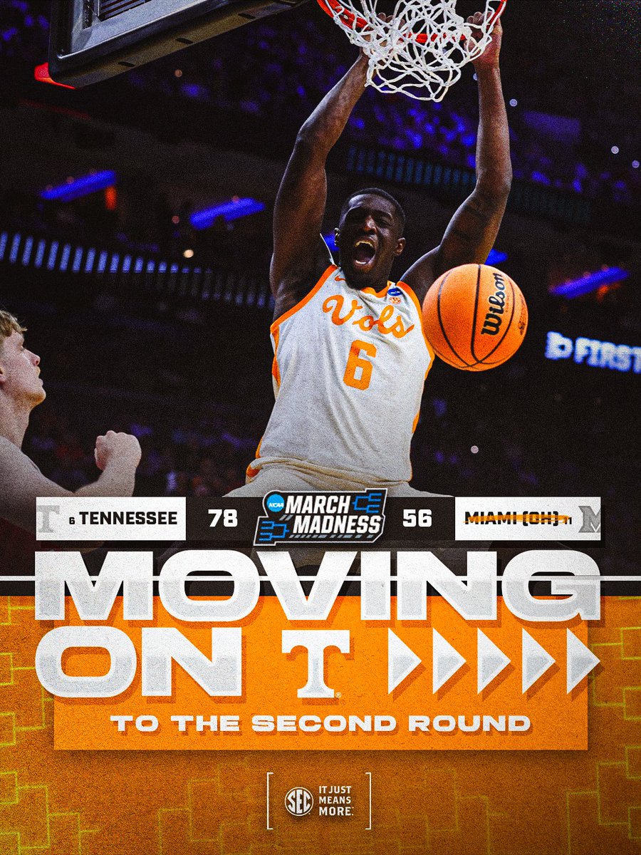 SEC's tweet photo. MOVING ON ▶️

@Vol_Hoops shuts down Miami (OH) to advance to the second round!

#SECMBB x @MarchMadnessMBB https://t.co/F7LwPbVMuQ