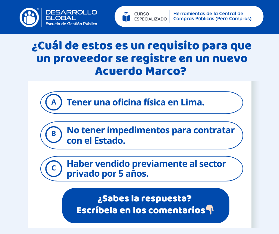 DezaGlobal's tweet photo. Participar como proveedor del Estado implica cumplir condiciones muy específicas 📊💡
¿Las tienes claras?
Pon a prueba tu conocimiento y comenta tu respuesta… ¡te leemos! 👇🔥
#GestiónPública #ContratacionesDelEstado #PerúCompras #SEACE #Capacítate #Conocimiento #SectorPúblico https://t.co/GDsv5D8BKg