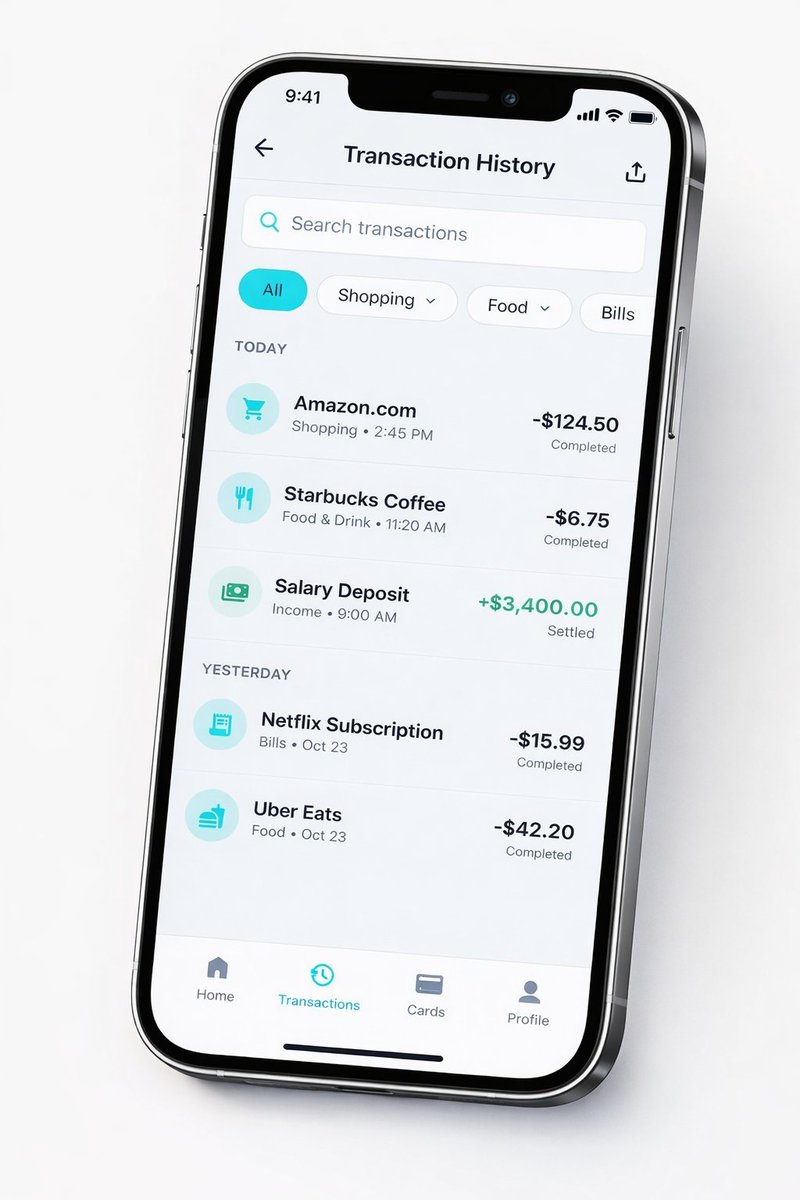 Igor_D_Adole's tweet photo. I designed a clean Transaction History UI to solve a common problem in finance apps — difficulty tracking spending.
Clear layout, smart categories, and easy filtering = better financial awareness.
Simple. Functional. Effective.
#UIUX #Fintech #Design https://t.co/8ZdS5wEXvl